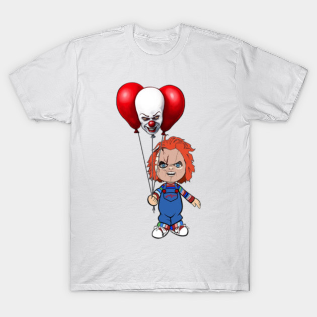 Chucky with Stephen Kings IT Funny Horror Collage T-Shirt-TOZ